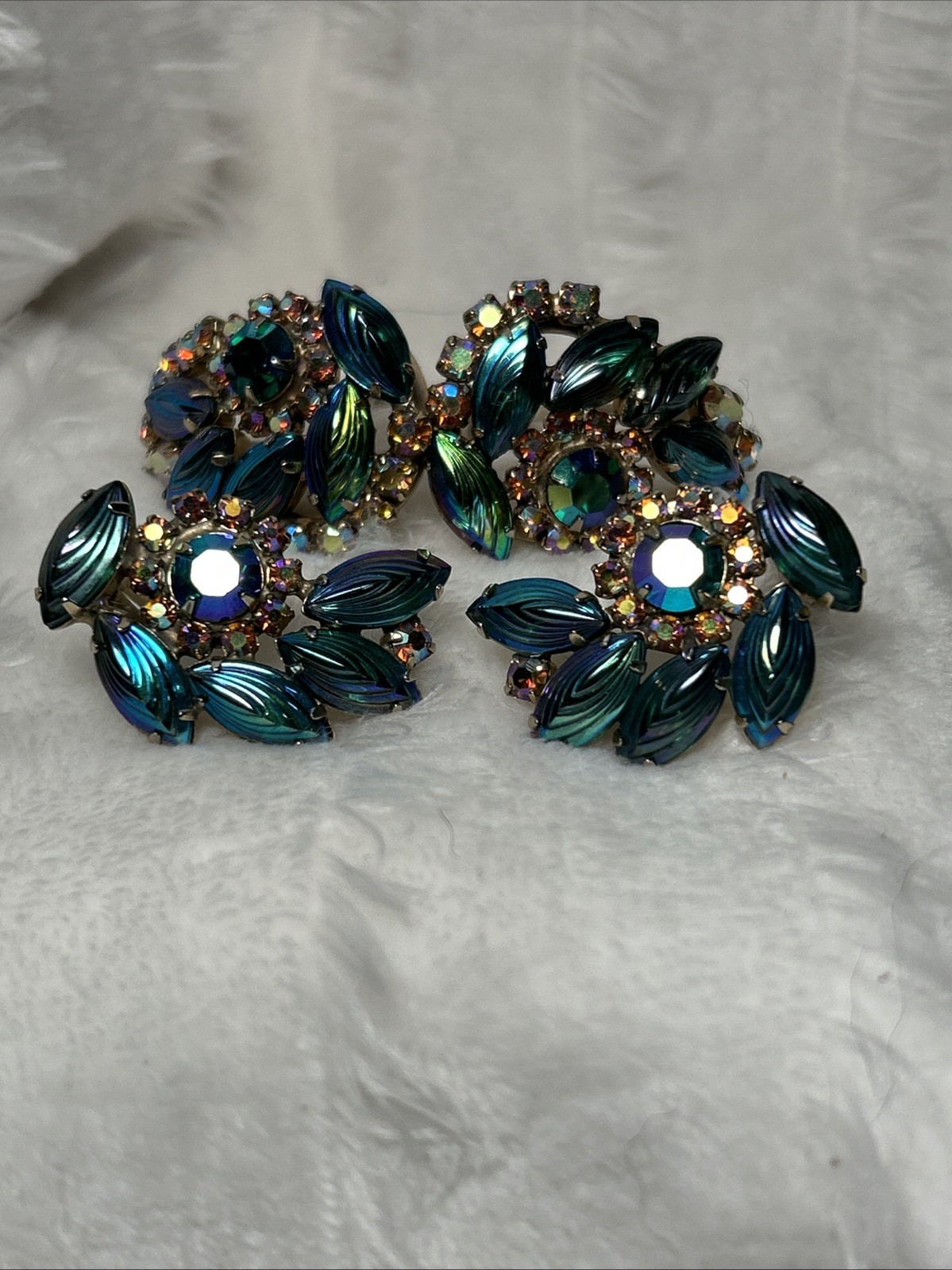Vtg Clamper Bracelet Earrings Set Heliotrope Watermelon Glass Stones Unsigned