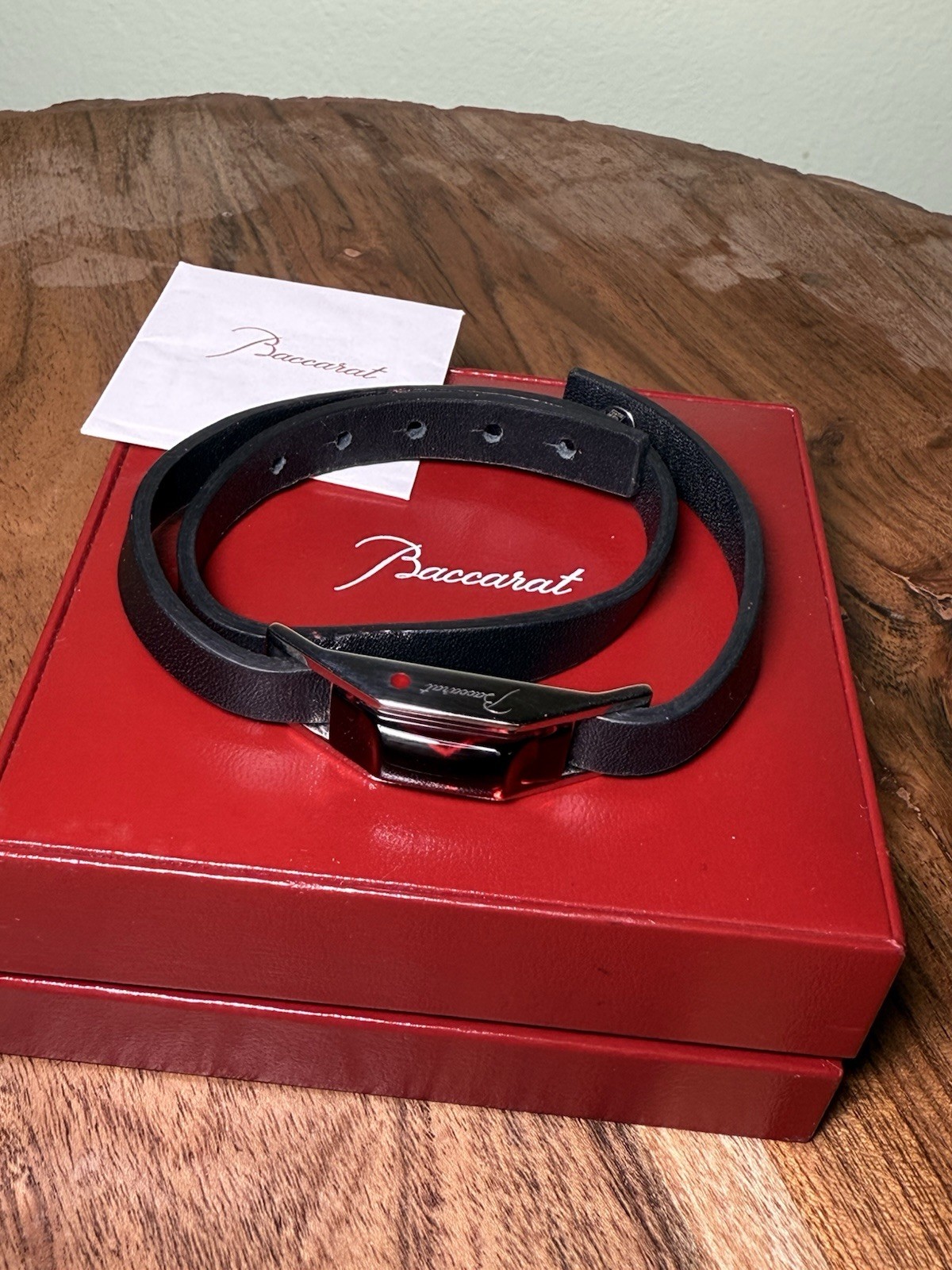 BACCARAT RED CRYSTAL LEATHER CABLE DOUBLE WRAP BRACELET AND S.S .925 / 6.5-7.5”