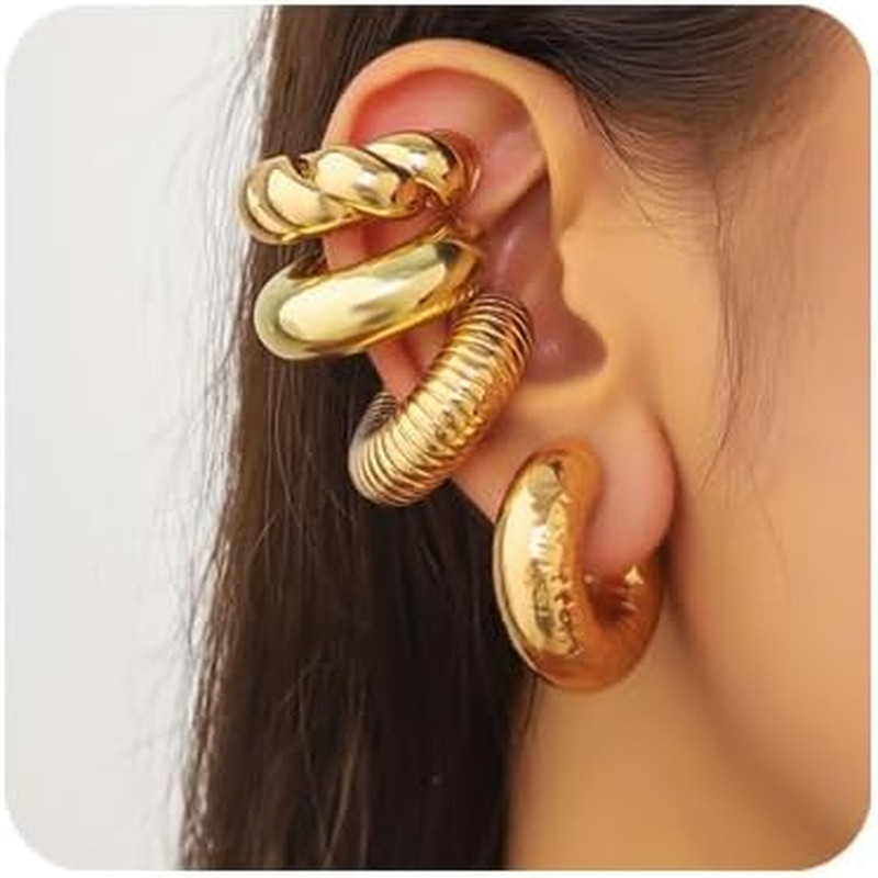 4 Pcs Chunky Ear Cuffs Non Piercing for Women, Golden C-Shaped Clip on Cartilage