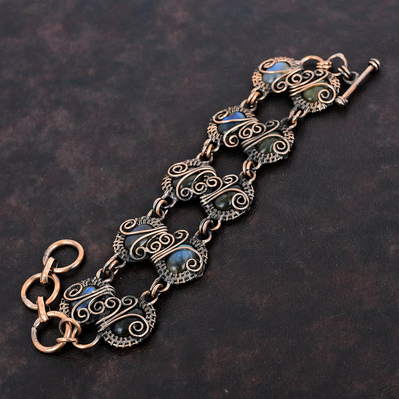 Third Eye Chakra Oval Labradorite Stone Trendy Wife Wire Wrapped Bracelet Copper