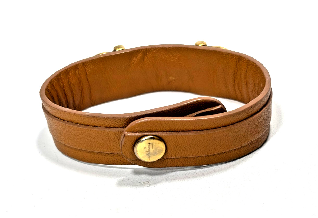 Womens Salvatore Ferragamo Tan Leather w Gold Horsebit Hardware Medium Bracelet
