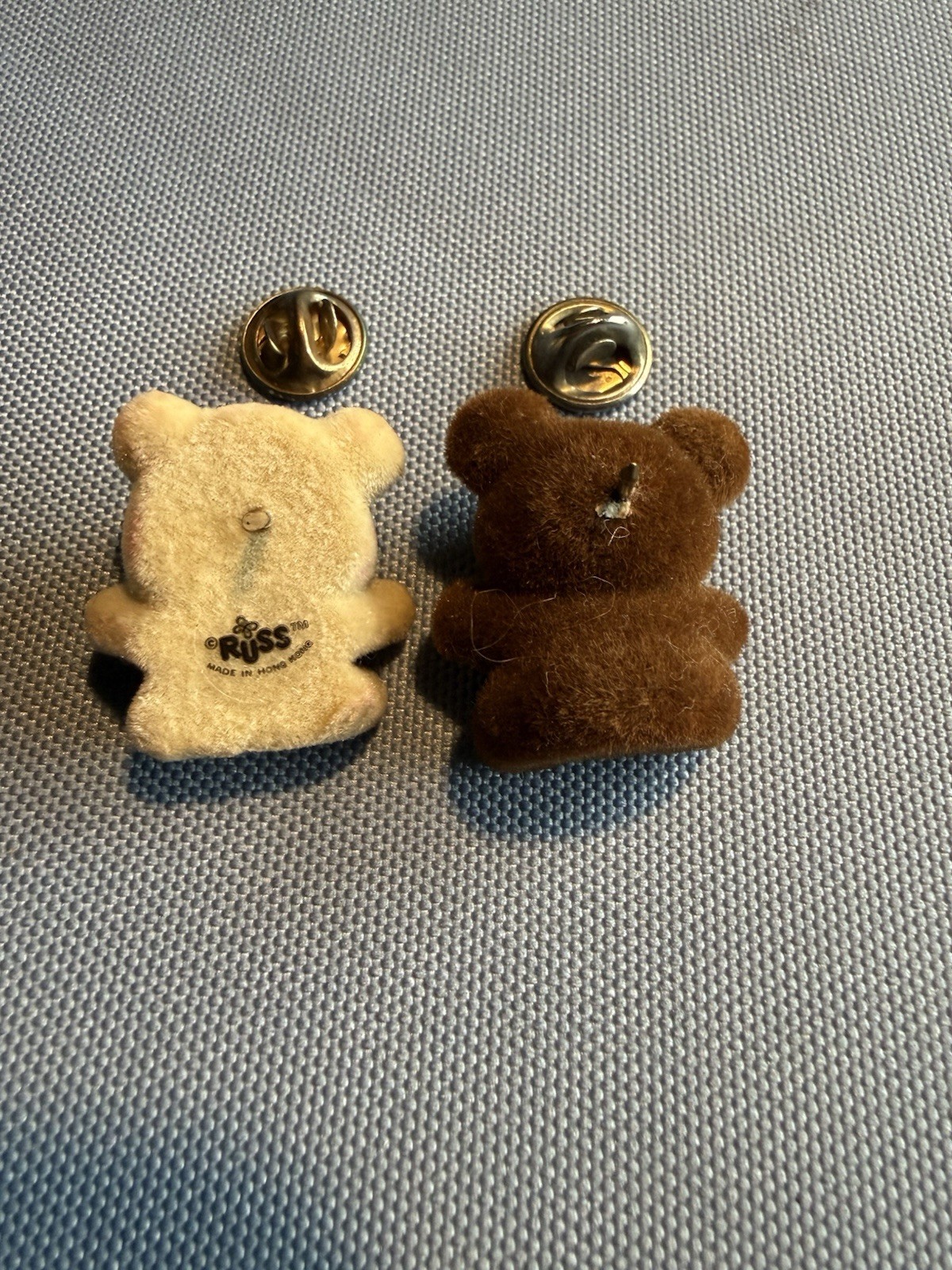 Vintage Russ Flocked Teddy Bear Lapel Pins Hong Kong Lot of 2 Brown & Cream