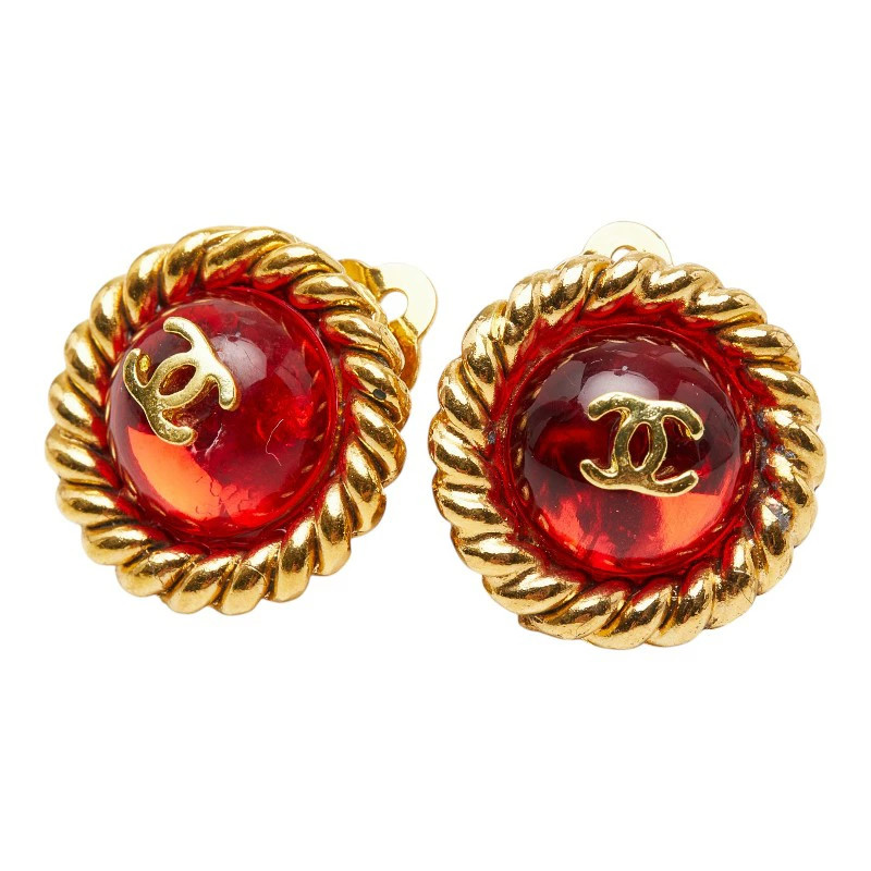 Chanel Coco Mark Gripoix Earrings Gold and Red Plated Glass 20.4 x 20.4mm Women