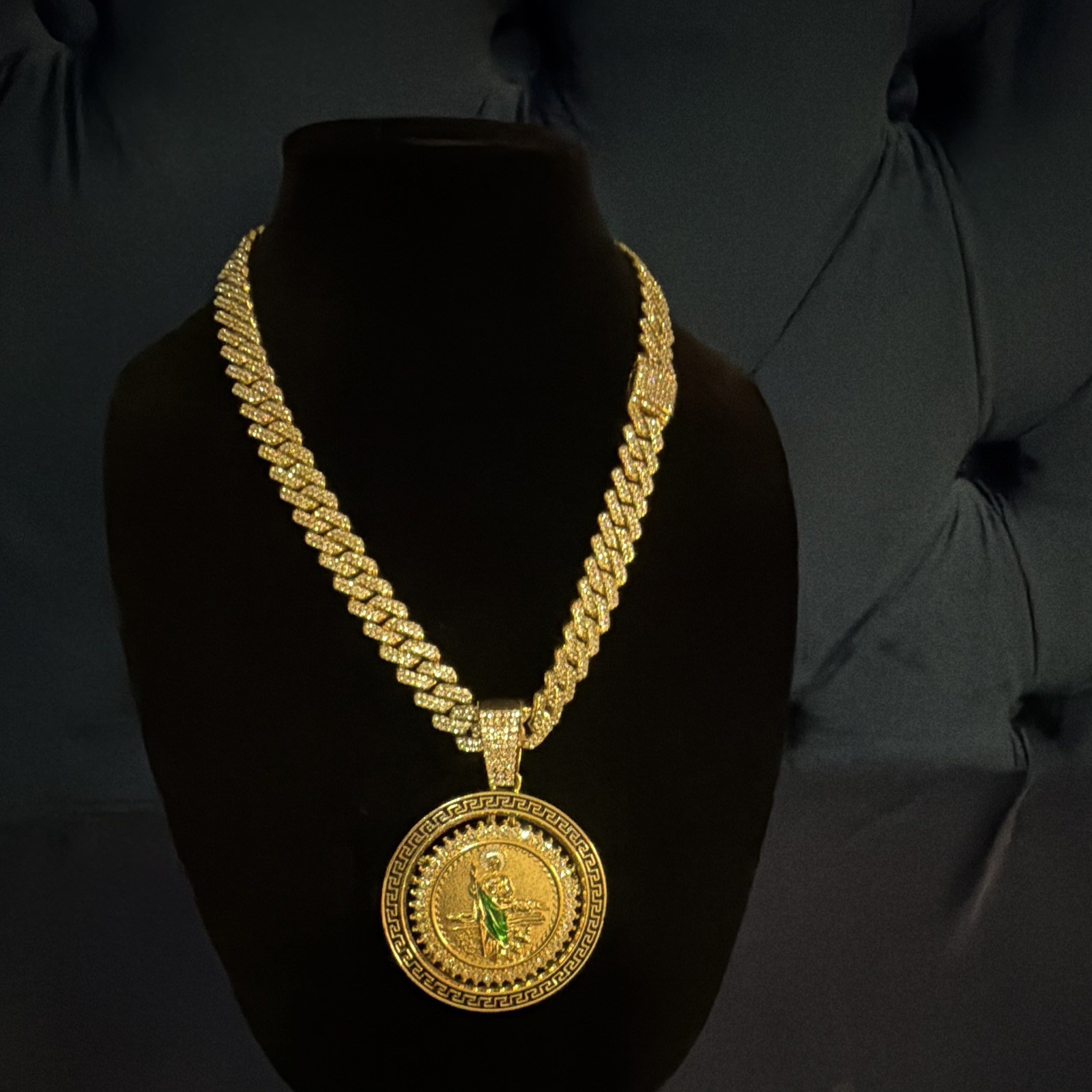 14k Gold plated Cuban Link Chain Necklace w St Jude roulette pendant CZ stones