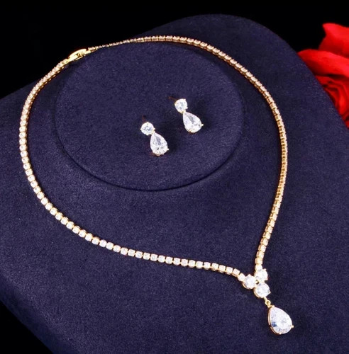 18k Gold Plated Tennis Necklace Earrings Made Simulated Diamond Bridal Jewelry