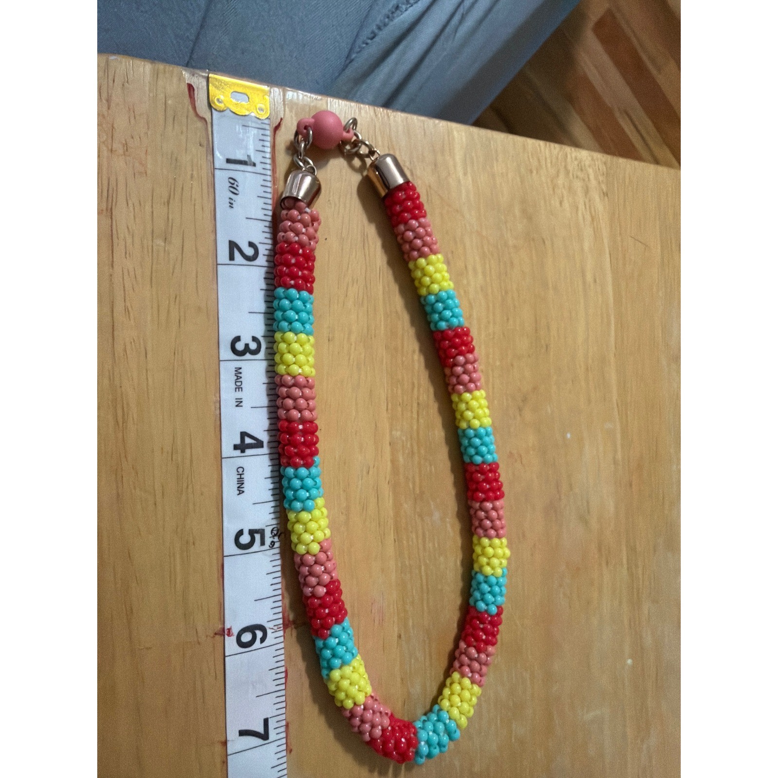 Handcrafted Colorful Striped Beaded Rope Necklace Red Pink Yellow Blue 14 Inch