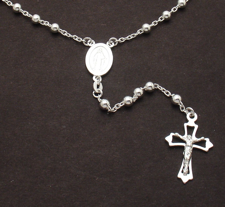 24″ 4mm Polished Solid Rosary Rosario Chain Necklace Real 925 Sterling Silver