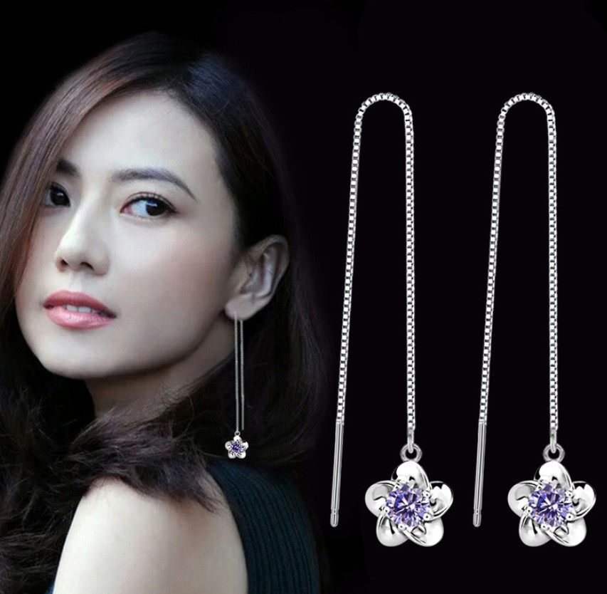 925 Sterling Silver Plated Plumeria CZ Flower Tassel Pull Threader Earrings TH1