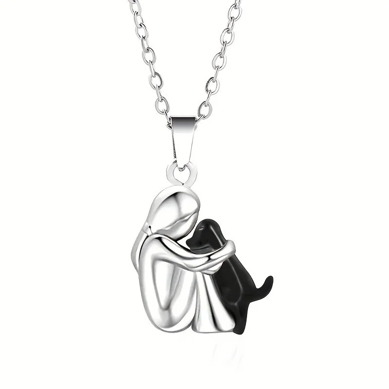 Pet Lover Necklace Pendant Woman Hugging Dog Gift Zinc Alloy Chain Jewelry