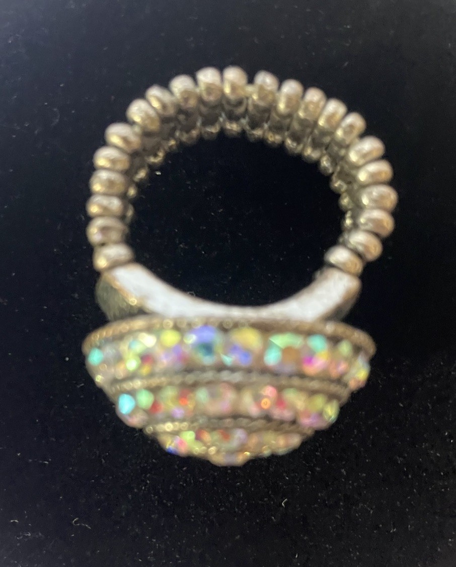 Aurora Borealis Circular Silvertone Stretch Cocktail Ring