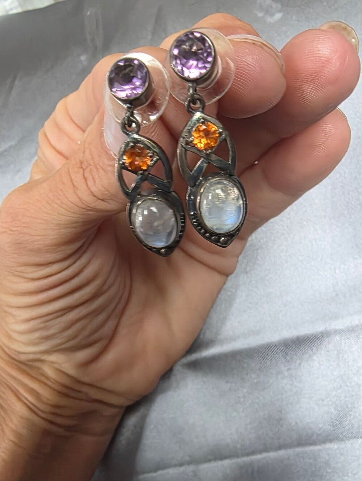 Amethyst Moonstone Citrine Ornate Sterling Silver Drop Earrings India