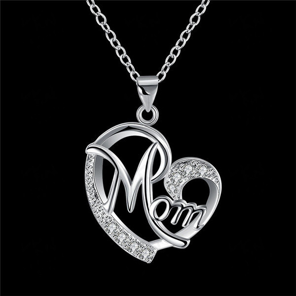 Silver Mom Love Heart Charm Pendant Chain Necklace Great Gift Mother’s Day, Mum