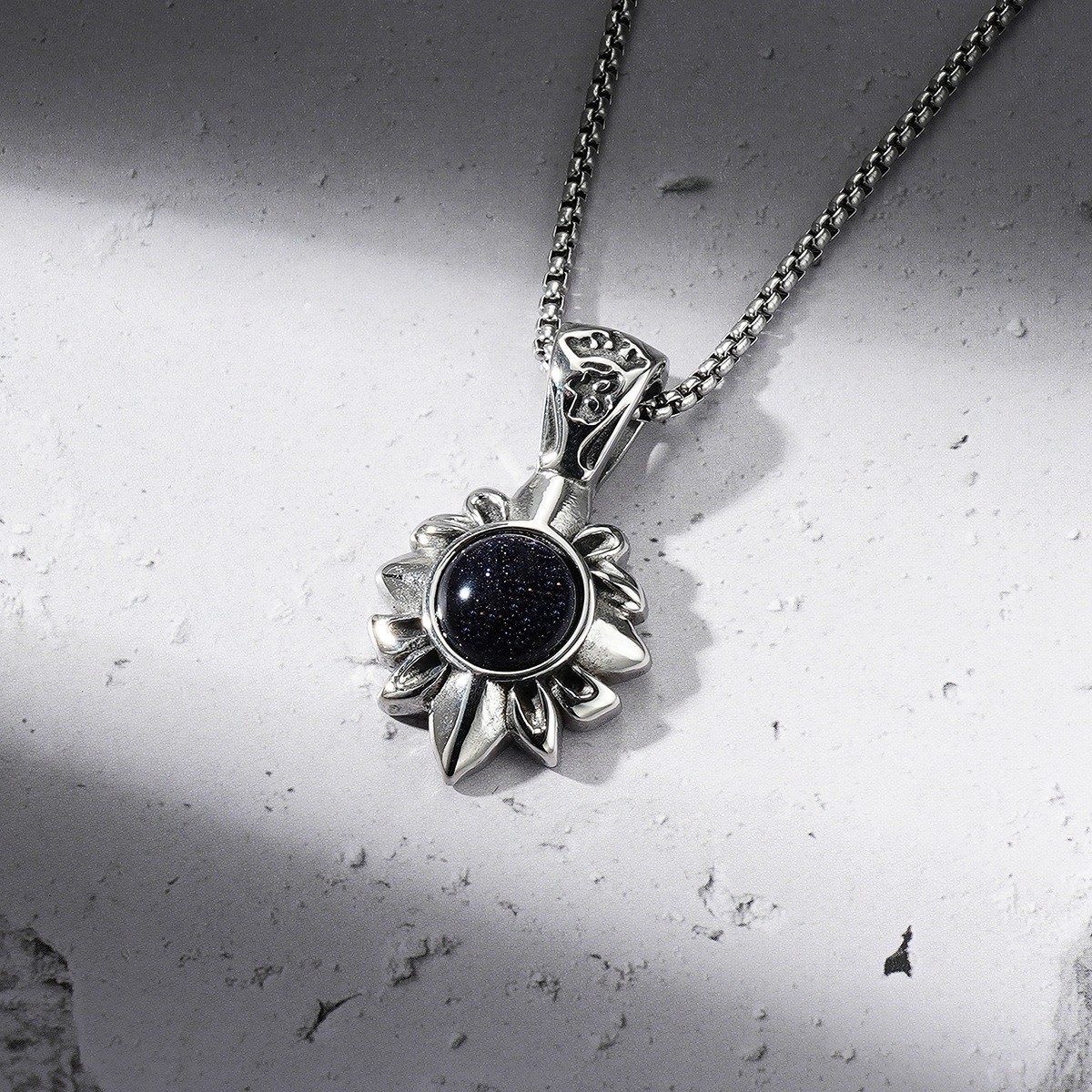 Sunburst Blue Sandstone Crystal Starry Stone 20-inch Stainless Steel Necklace