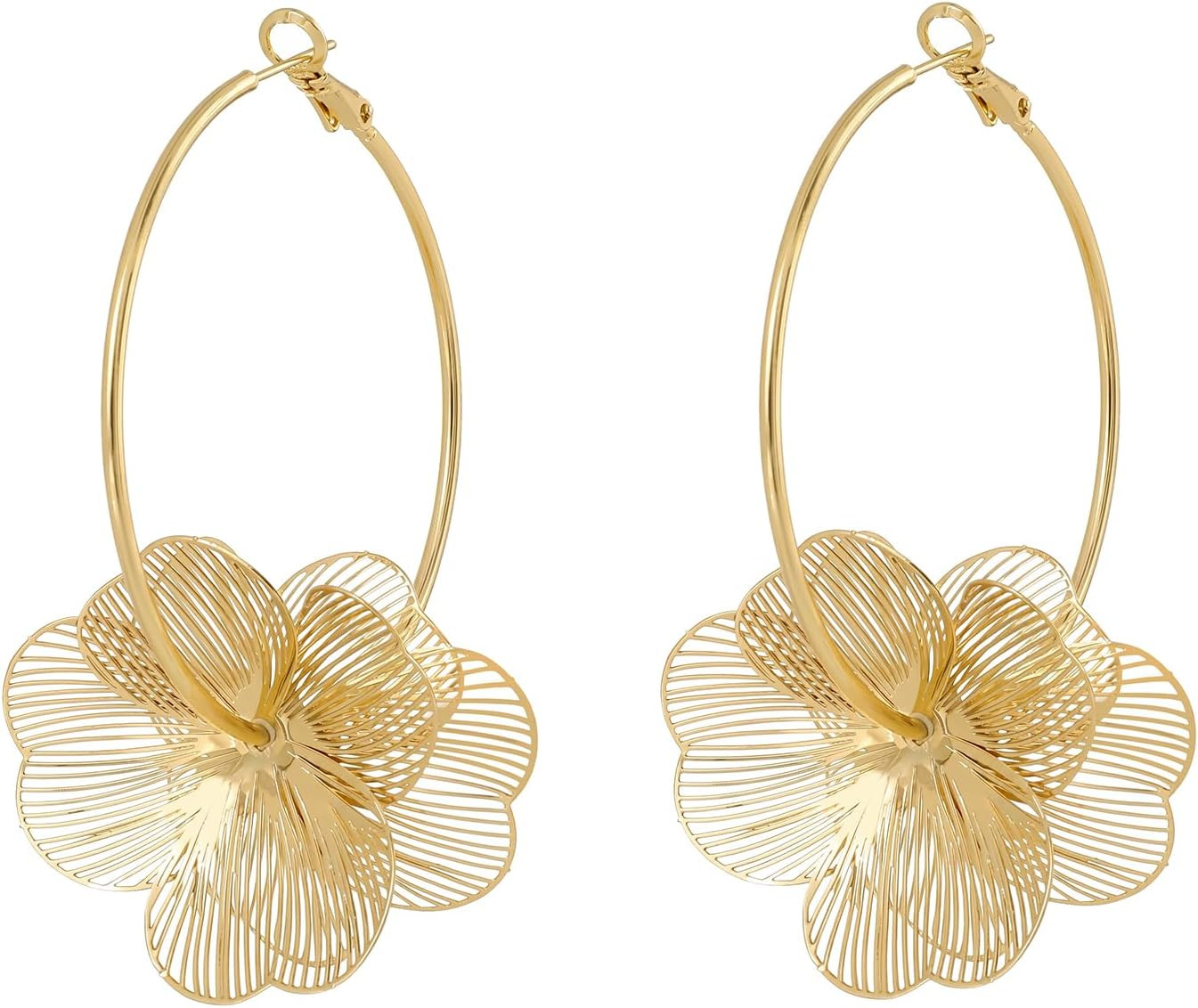 Big Hoop Flower Dangle Statement Earrings Women Trendy Jewelry | 14K Gold Plated