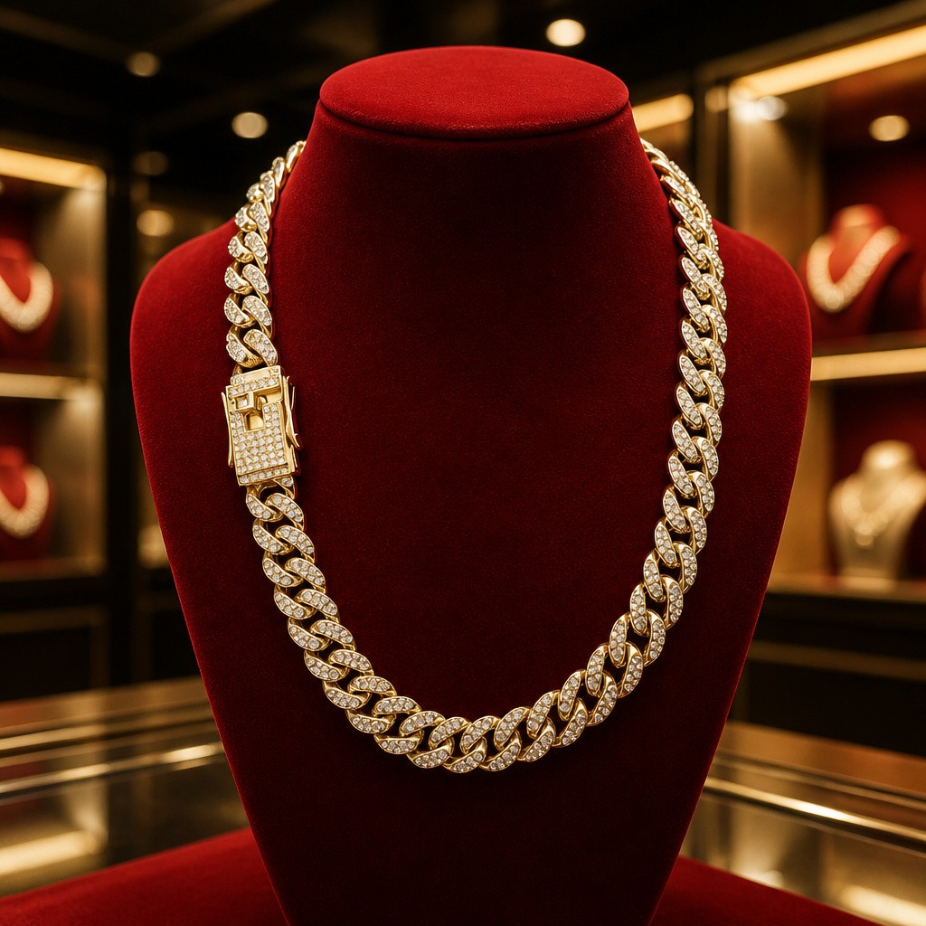 Hip Hop Iced Out Miami Cuban Link Necklace Gold Tone Rhinestone 17″ Pre-owned