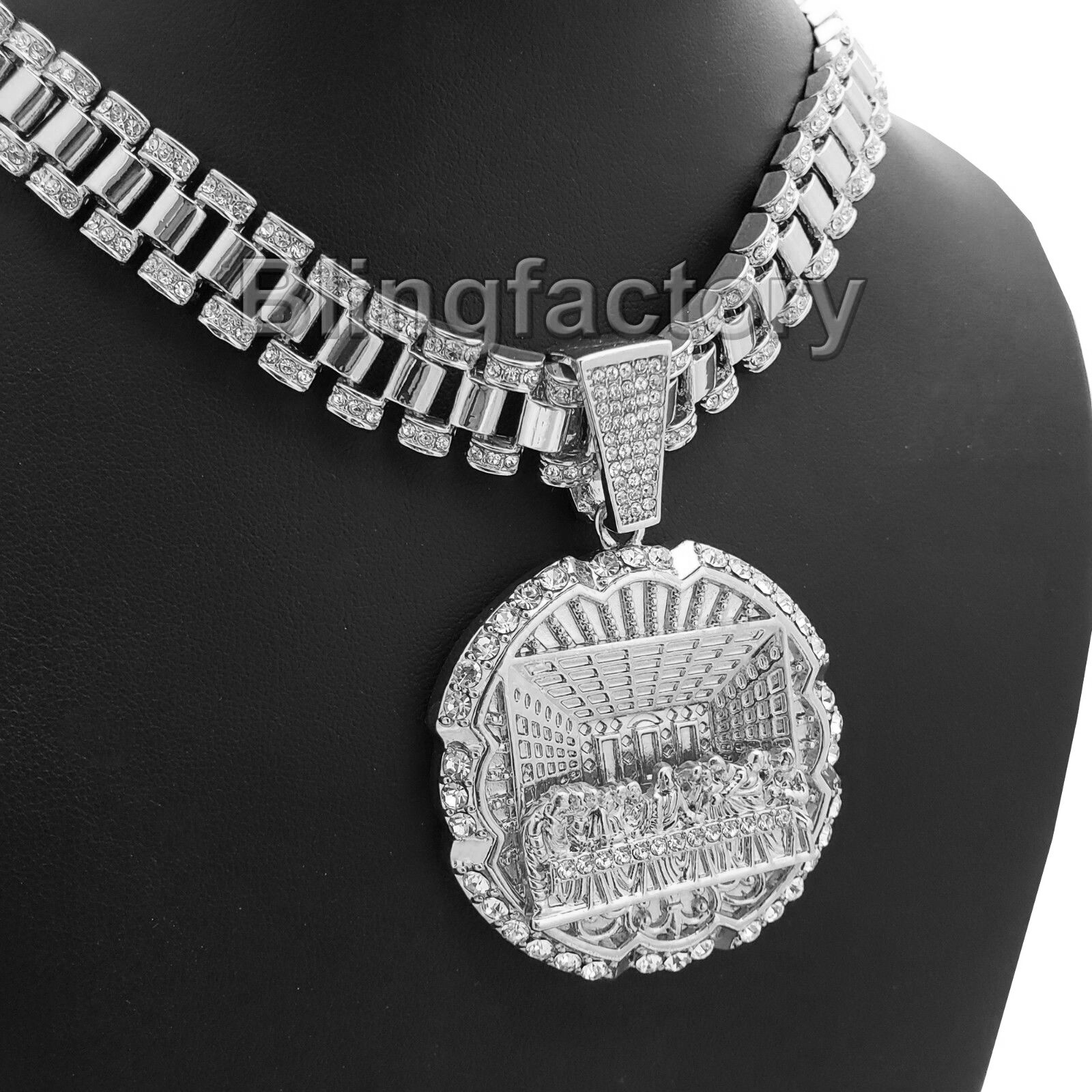 Hip Hop Iced Silver PT Last Supper & 18″ Iced Rollie Link Choker Chain Necklace