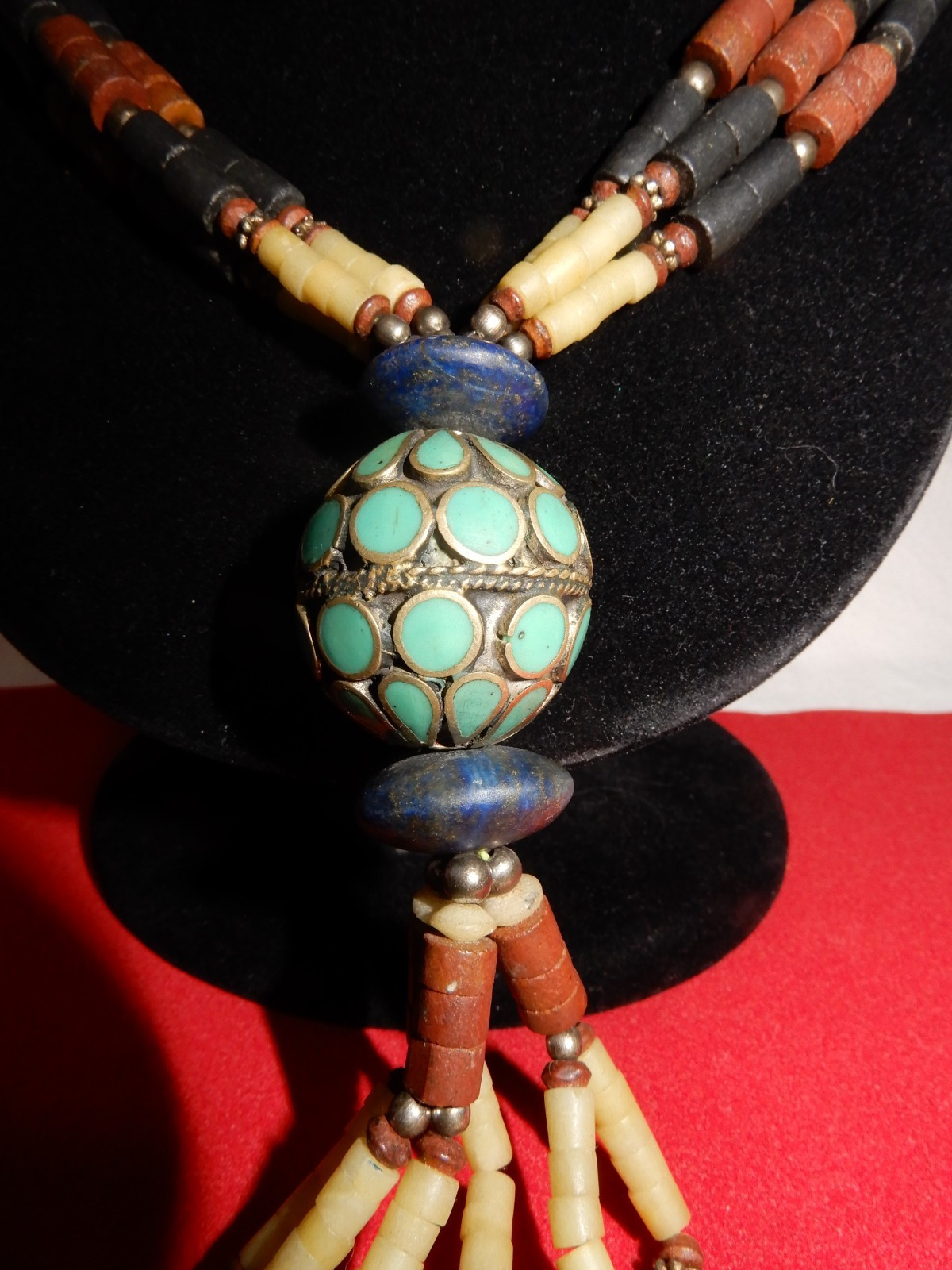 Ethnic, Boho Style Necklace 22″ + 4 1/2″ bangle -Tibetan Lg. Bead, lapis, stones