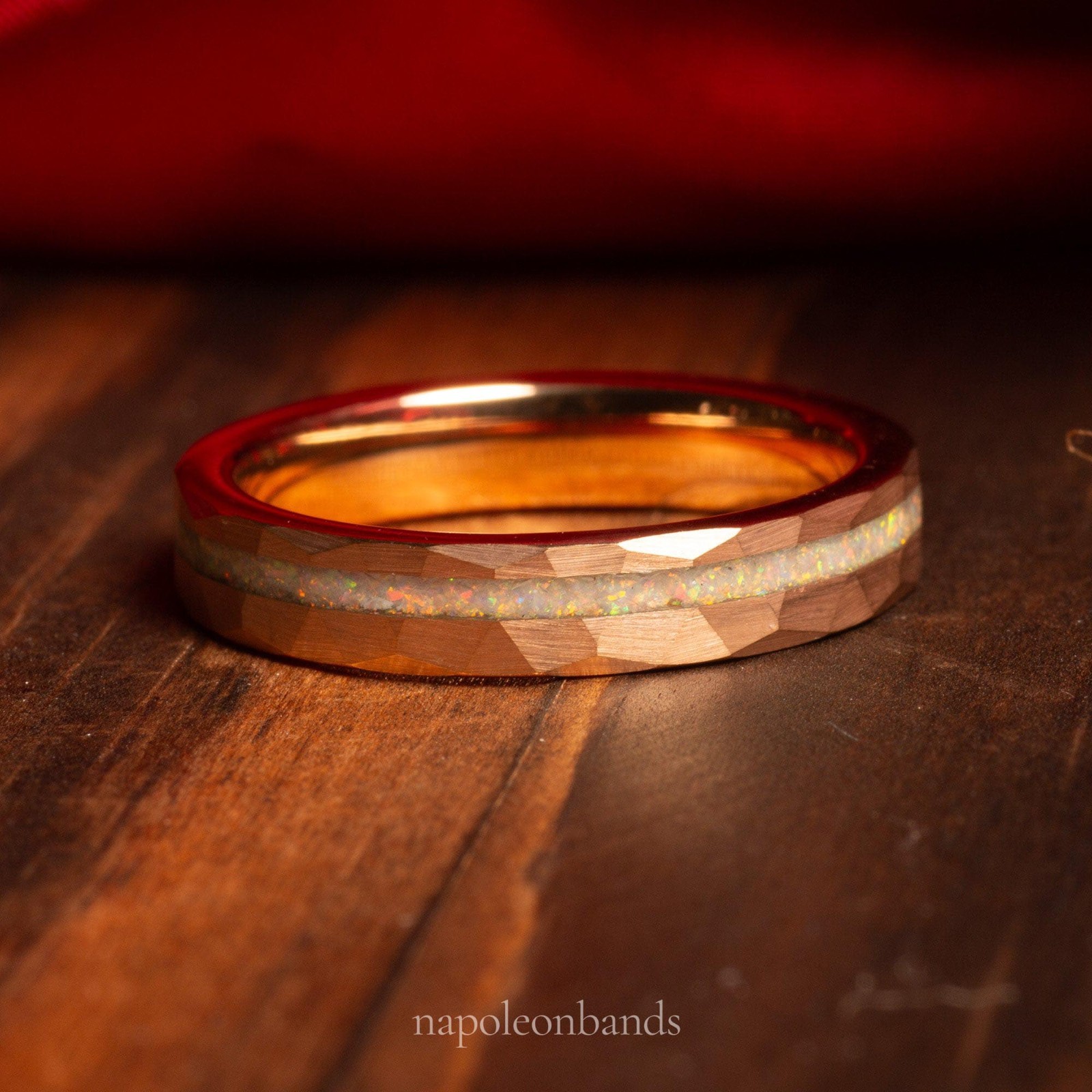 Aurora Flame – White Fire Opal Rose Gold Men’s Tungsten and Women’s Wedding Band