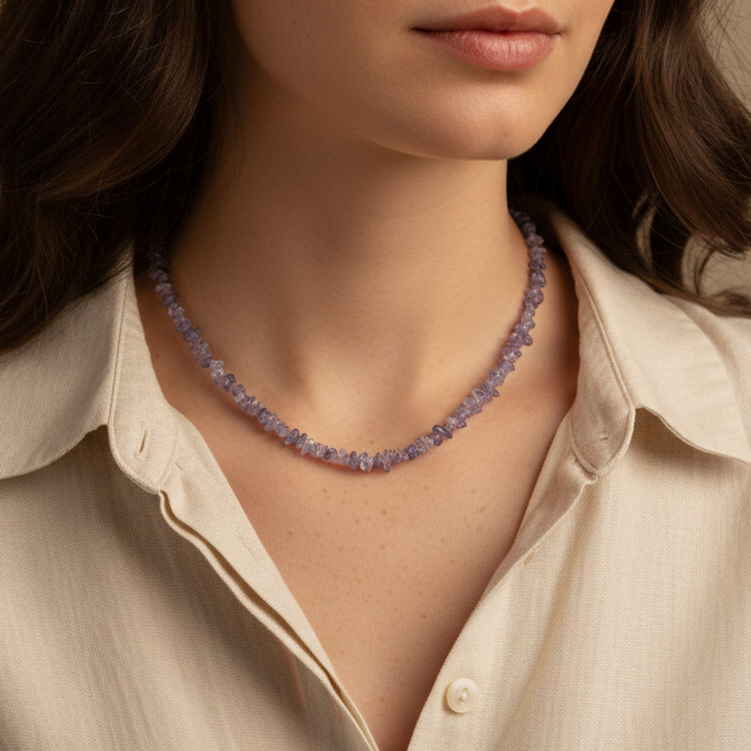 Tanzanite Rough Nugget Beaded Long Necklace in 925 Sterling Silver, 24 Inch