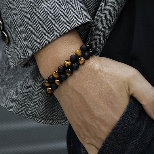 Triple Protection Beaded Bracelet 8mm Natural Tiger Eye Black Onyx Lava Rock US