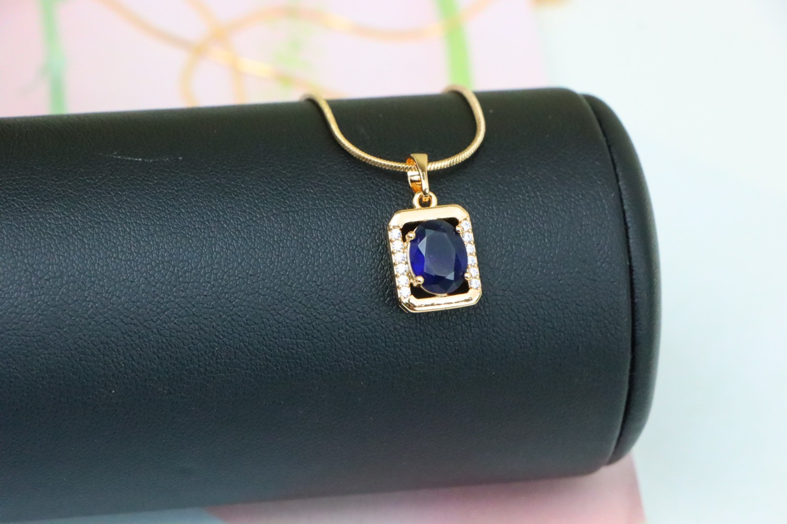 Rose Gold Rectangle Pendant with Blue Stone and Crystal Accents, XPPT1276