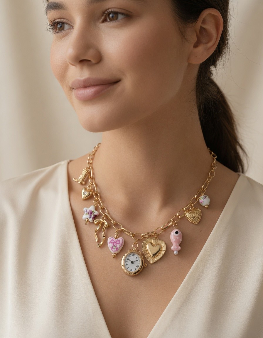 Pink Ceramic Gold Charm Necklace & Bracelet Set, Faux Watch Y2K Coquette Set