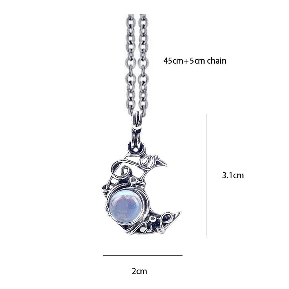 Vintage Boho Antique Blue Artificial Moonstone Cabochon Moon Pendant Necklace