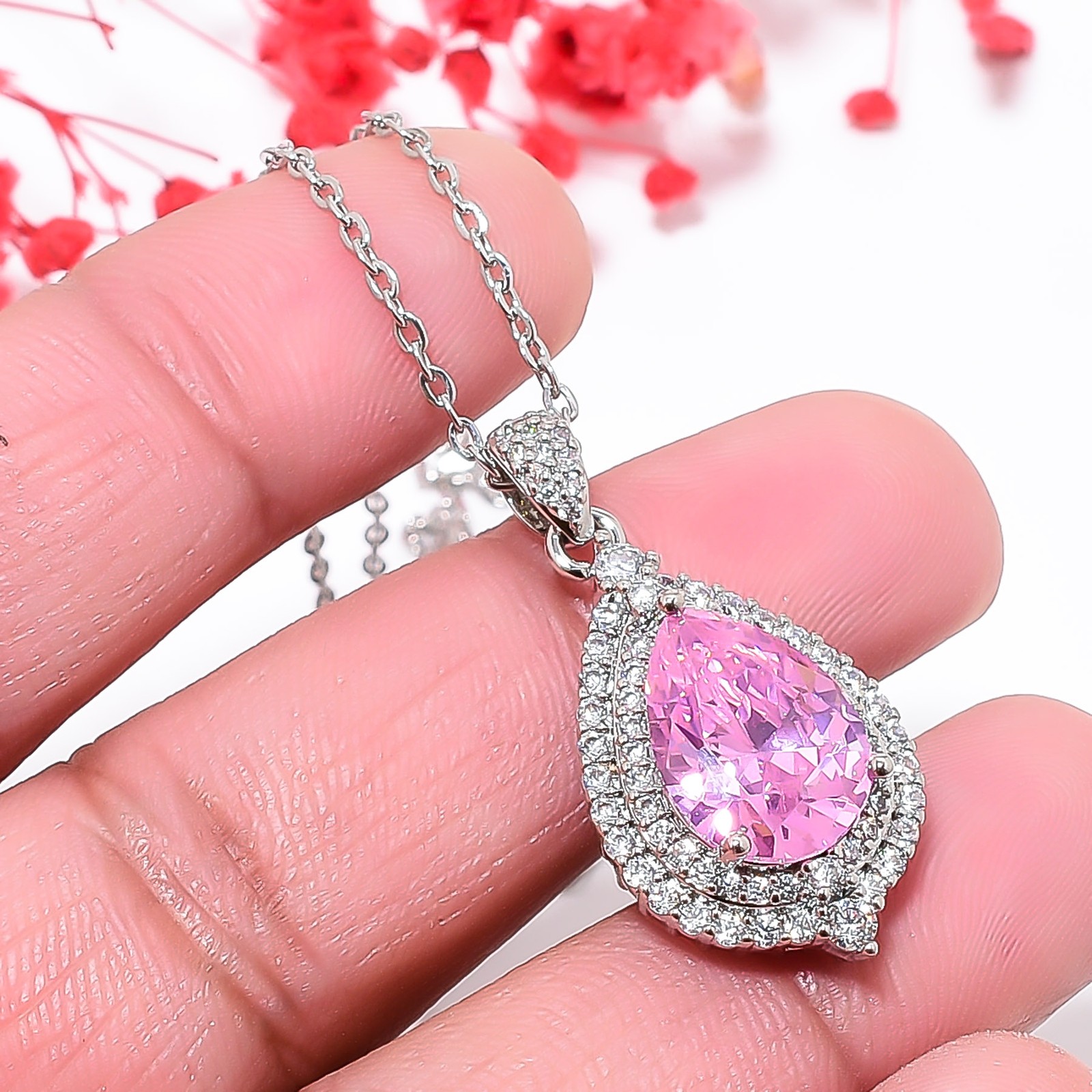 Pink Sapphire Simulated & Cz 925 Silver Pendant With Chain 18-20″ CP55430