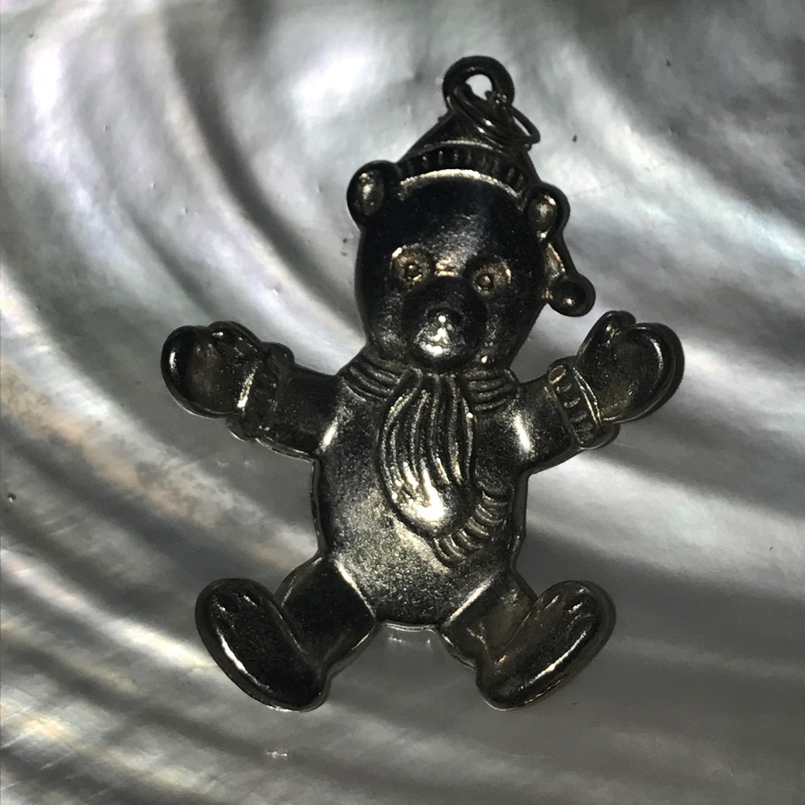 Estate Large Gorham 1986 Signed Silvertone Teddy Bear with Mittens Pendant – mar