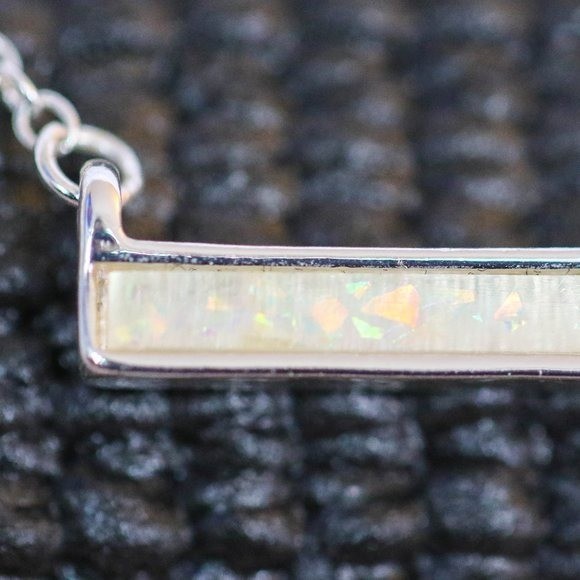 Silver Tone Iridescent Faux Opal Inlay Bar Necklace Minimalist Layering