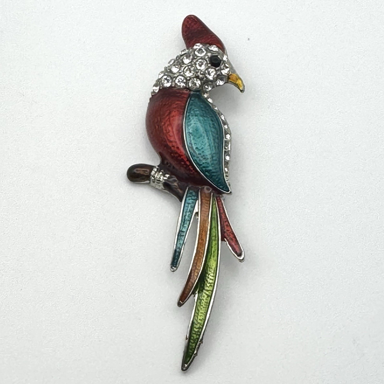 Silvertone Multicolor Enameled Rhinestone Parrot Bird Metal Brooch Pin
