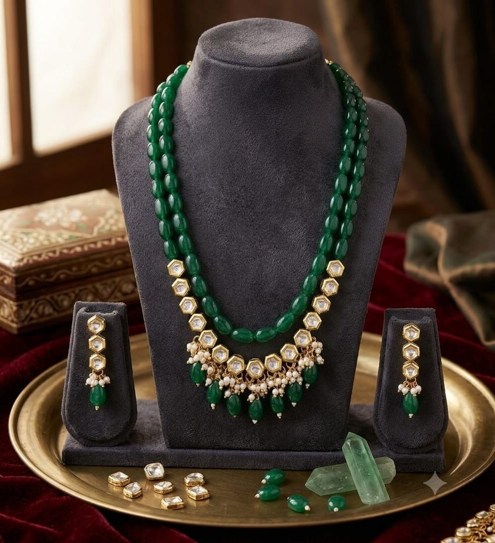 2PC Green Red Beaded Kundan Necklace Set Gold Plated Ethnic Bridal Jewelry