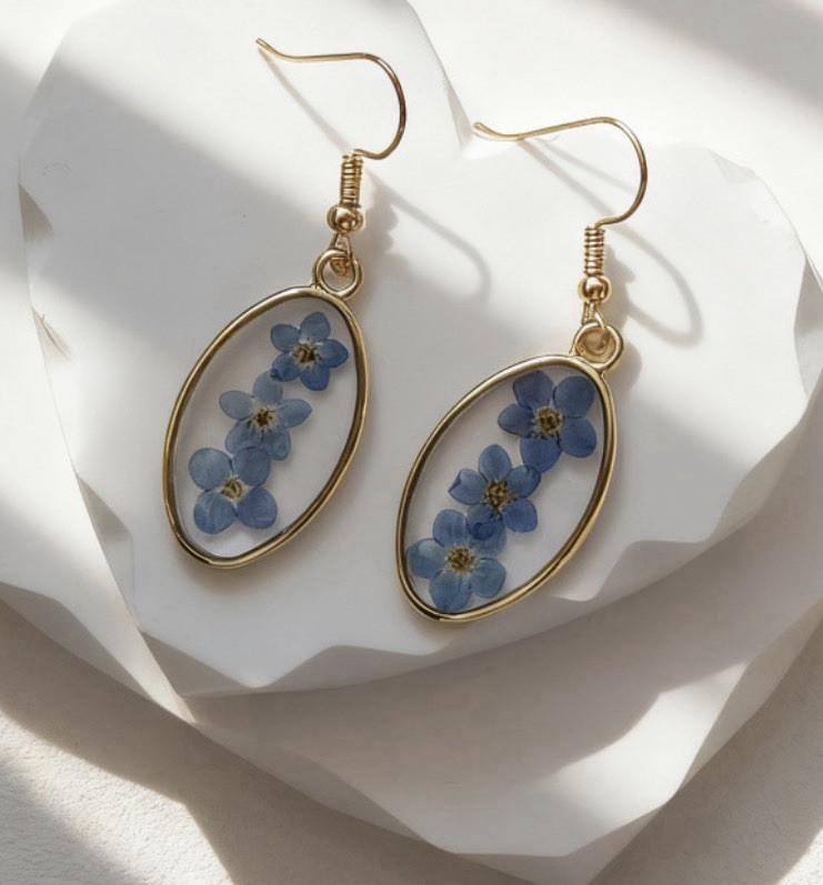 Gold Oval Pressed Flower Earrings, Blue Botanical Resin Dangle Jewelry