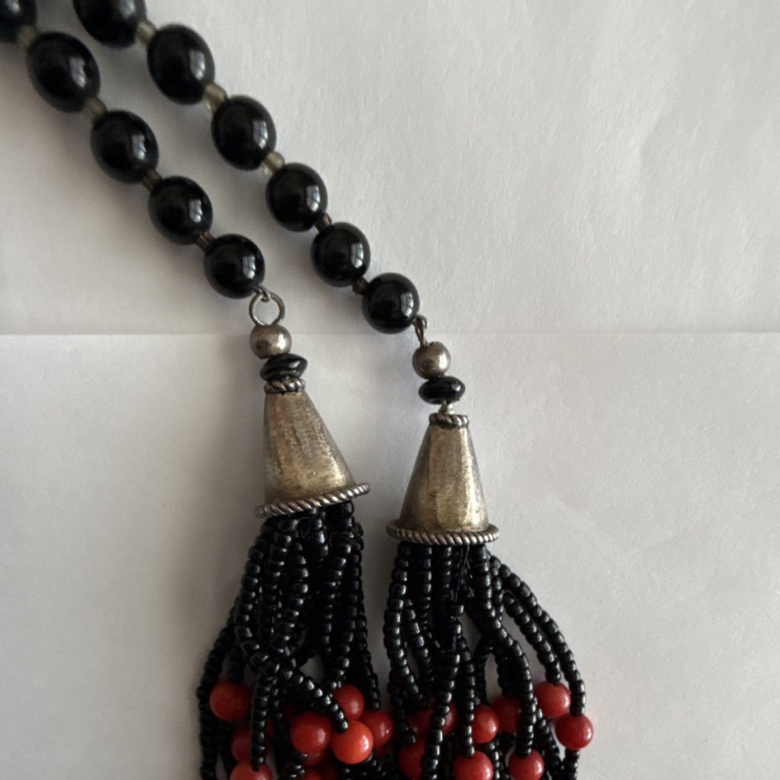 Black Red Coral Beaded Multi-Strand Necklace 925 Lobster Clasp