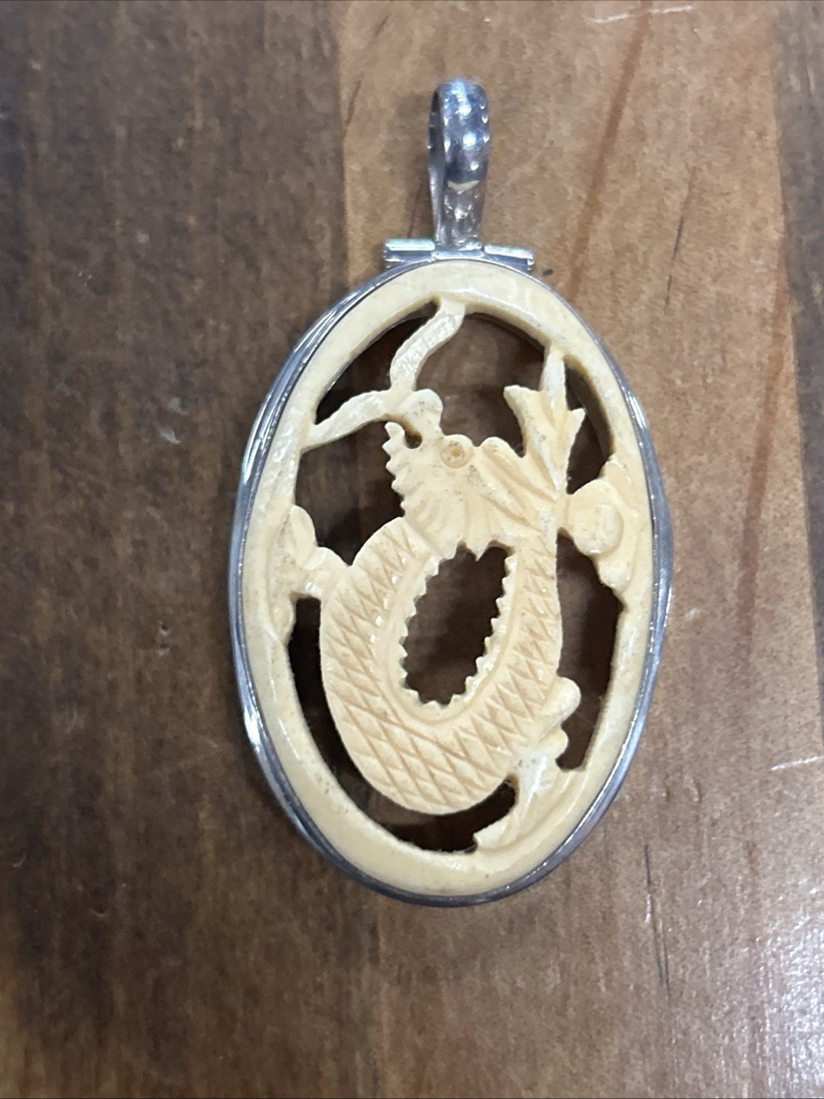 Sterling Silver Chinese Dragon Hand Carved White Pendant Necklace 14.61 Grams