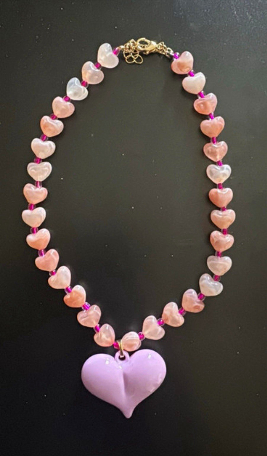Multicolor Acrylic Beaded Necklace w/ Heart Charm Pendant, Lobster Clasp