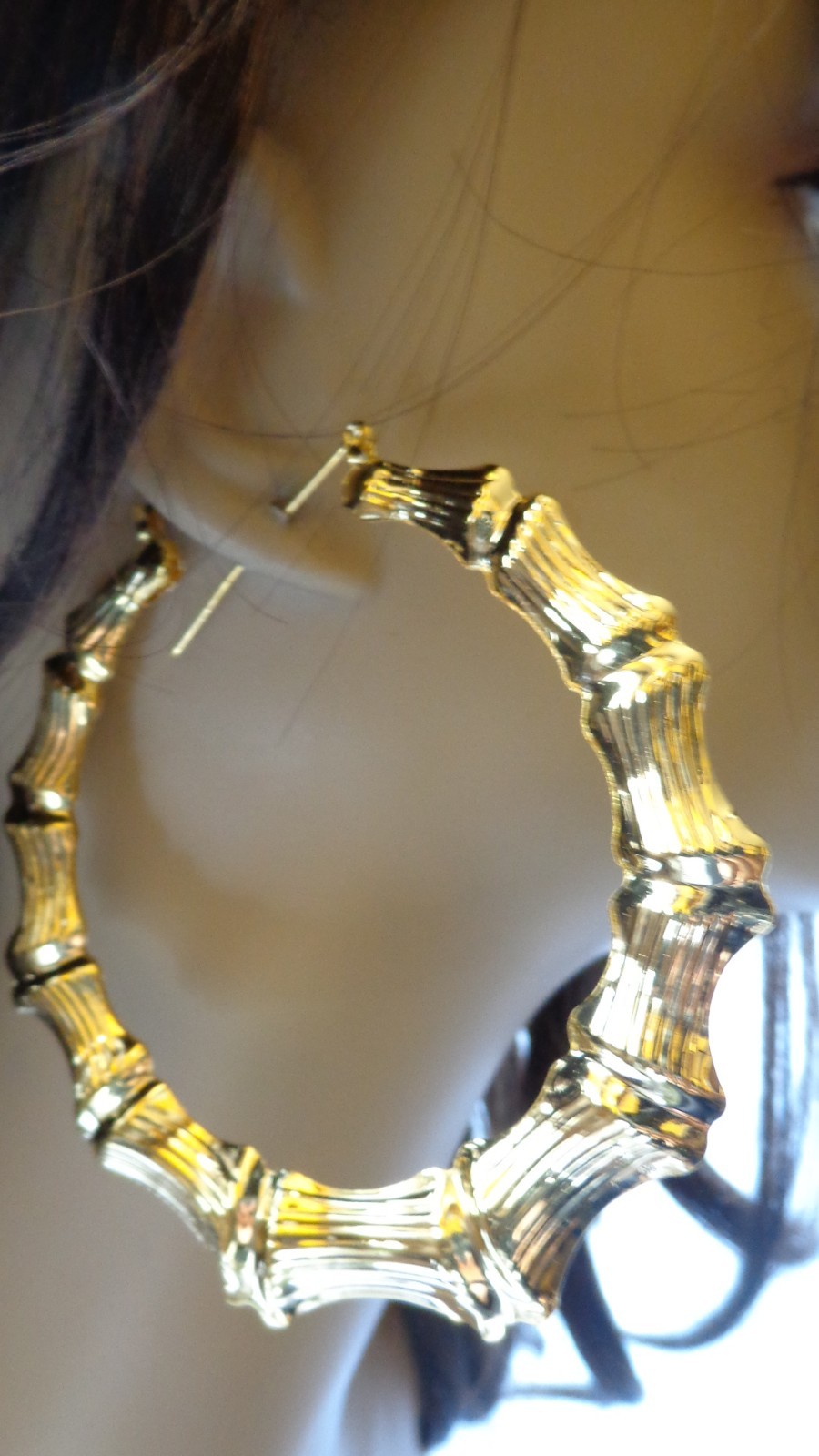 BIG BAMBOO HOOP EARRINGS FULL HOOP EARRINGS GOLD OR SILVER TONE 3.5 INCH HOOPS