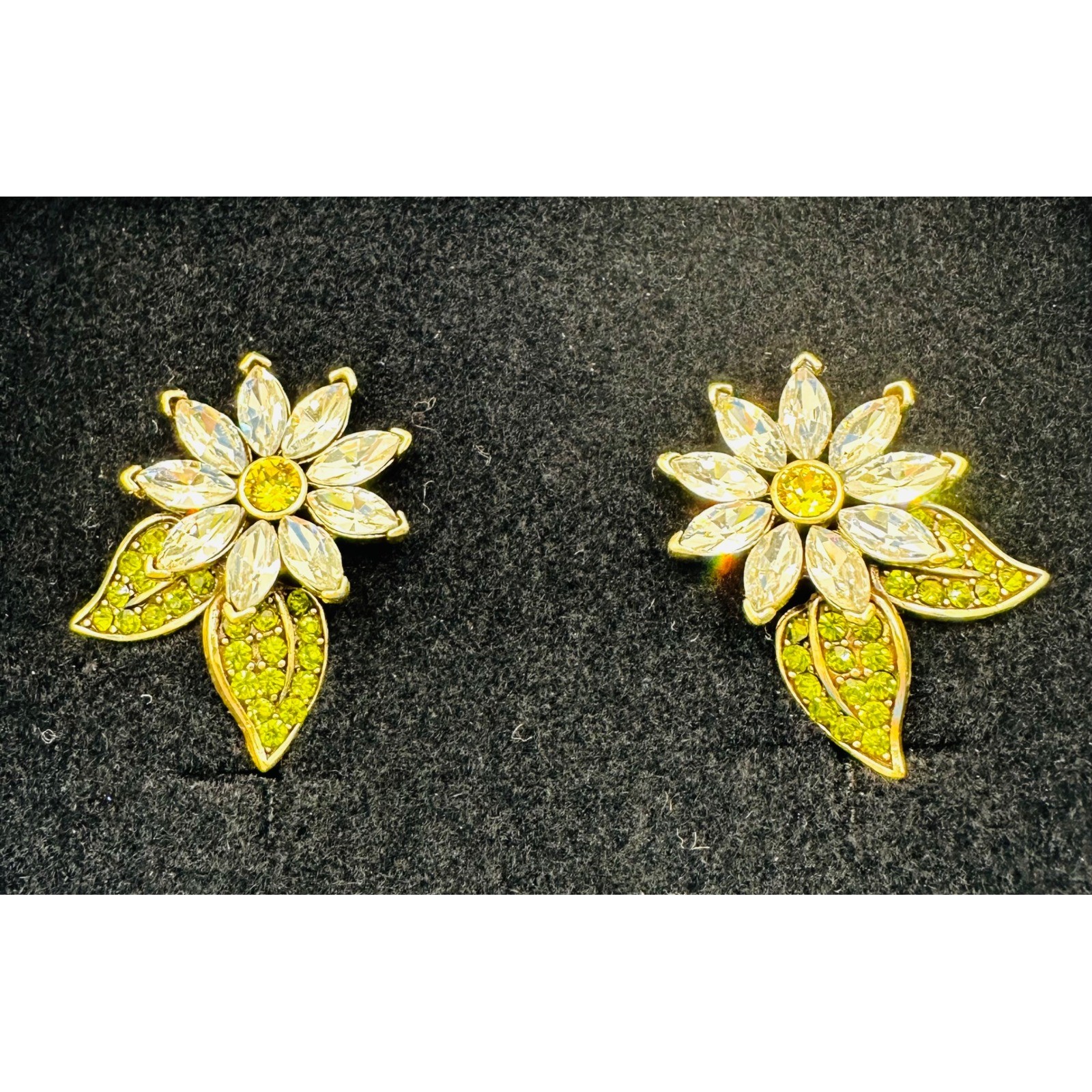 Heidi Daus Crystal Daisy Flower Omega Back Earrings Bronze Tone Green Yellow