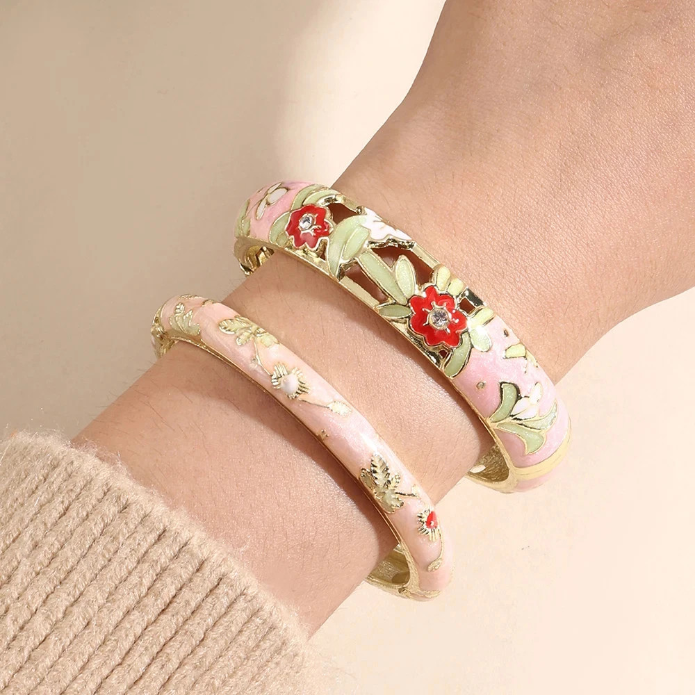 2 PCS Enameled Bracelets For Women Vintage Hollowed Small Flower Cloisonne