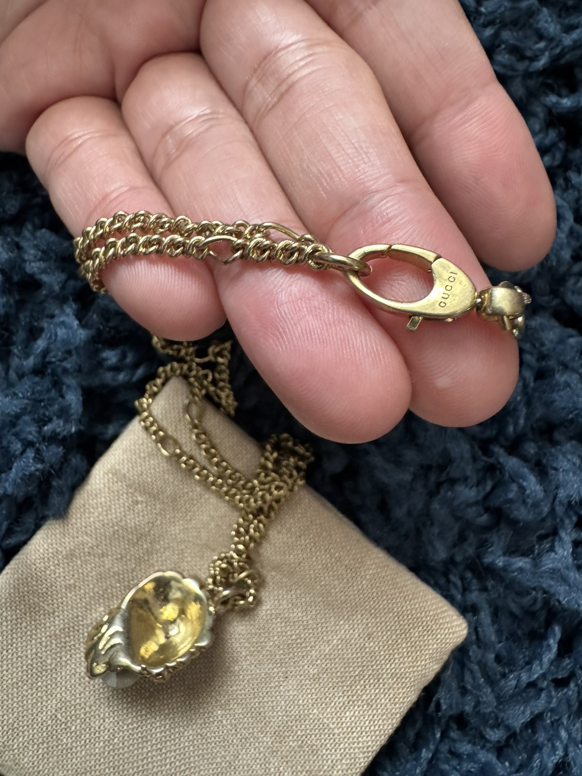 Gucci Lion Head Crystal Pendant Necklace Gold Plated 23.6in Chain Unisex