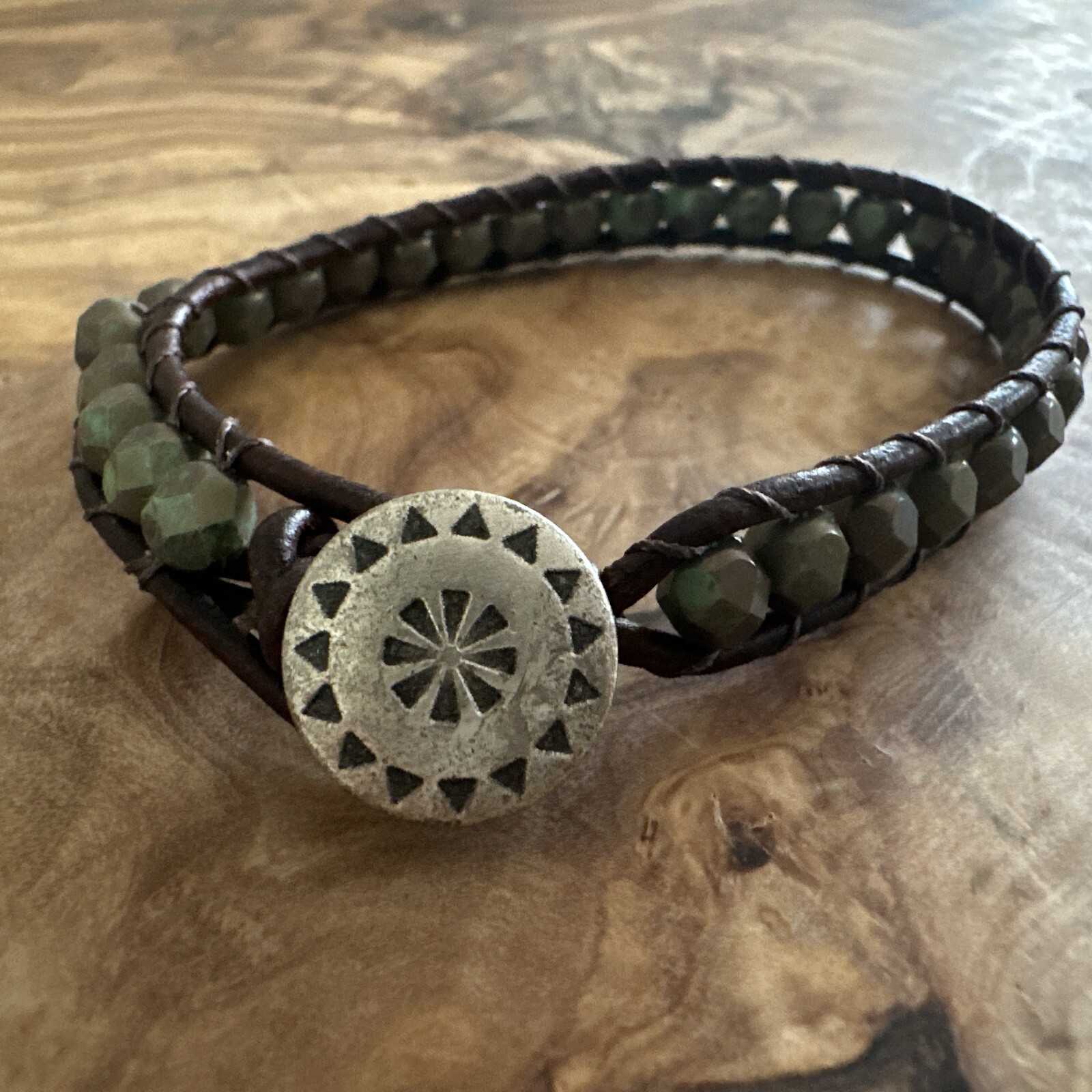 Beaded Leather Wrap Cuff Bracelet Silver Tone Button Closure