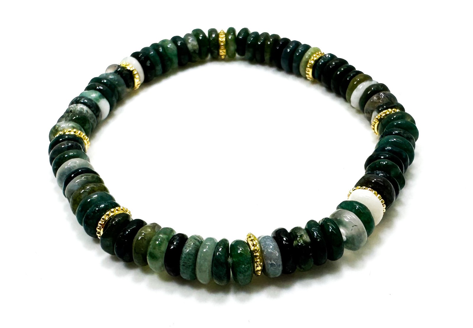Green Moss Agate Rondelle Beaded Stretch Bracelet 6.5″ – 6mm Gemstone Beads