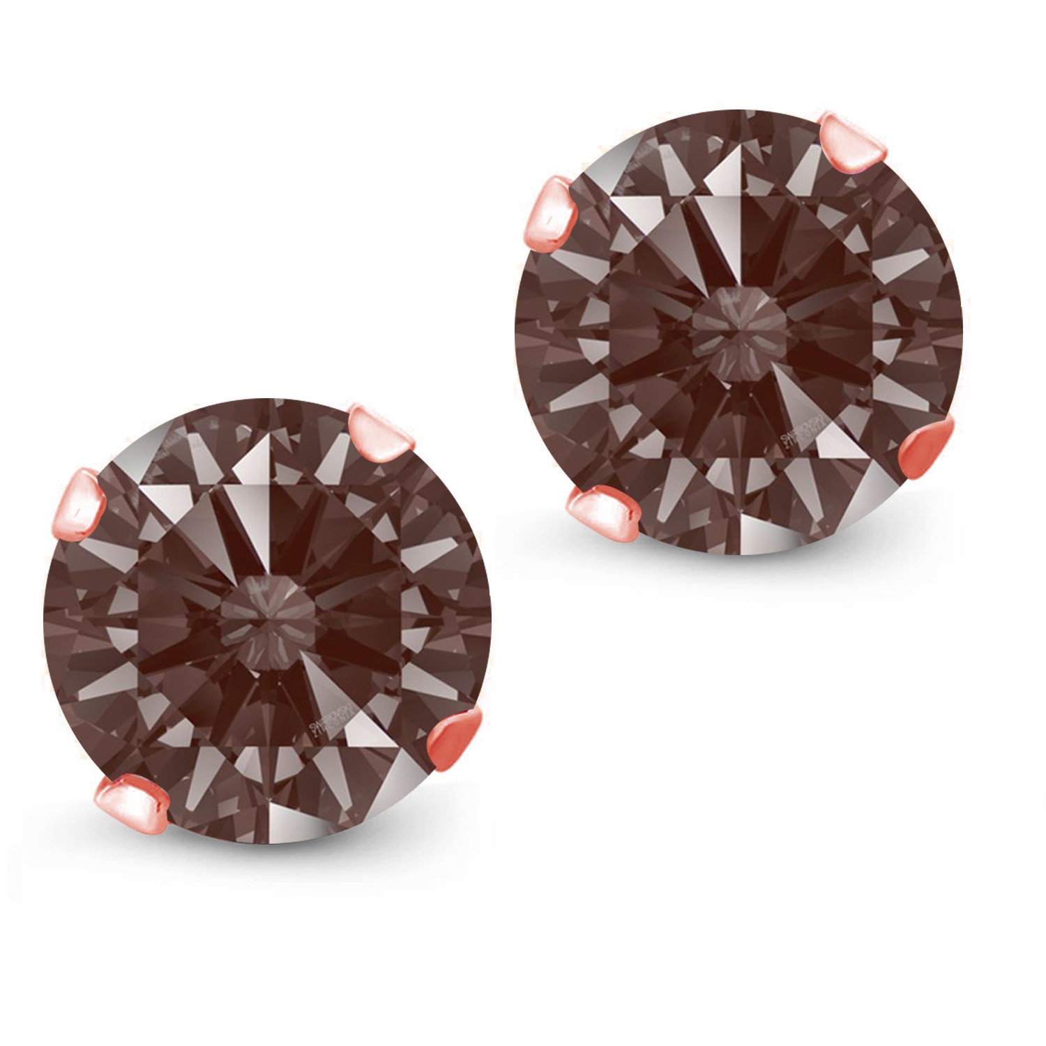 18K Rose Gold Plated Silver Stud Earrings Set with Round Fancy Brown Zirconia