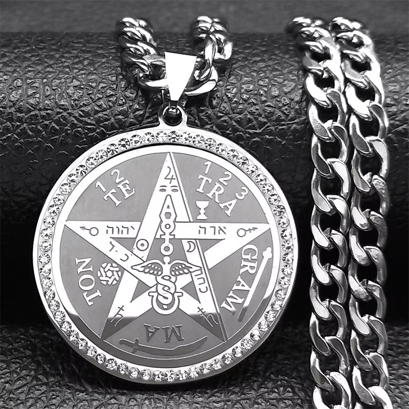 Tetragrammaton Hebrew Jewish Pentagram Necklace for Men Stainless Steel Crystal