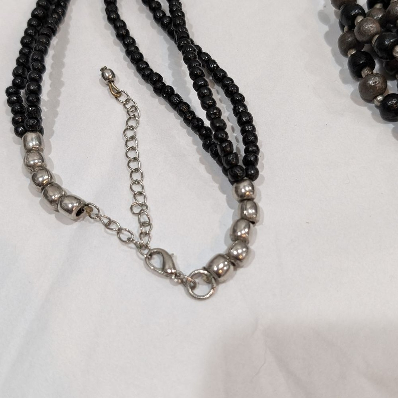 Layered Beaded Necklace Black Gray Silver Wood Acrylic Beads 28″