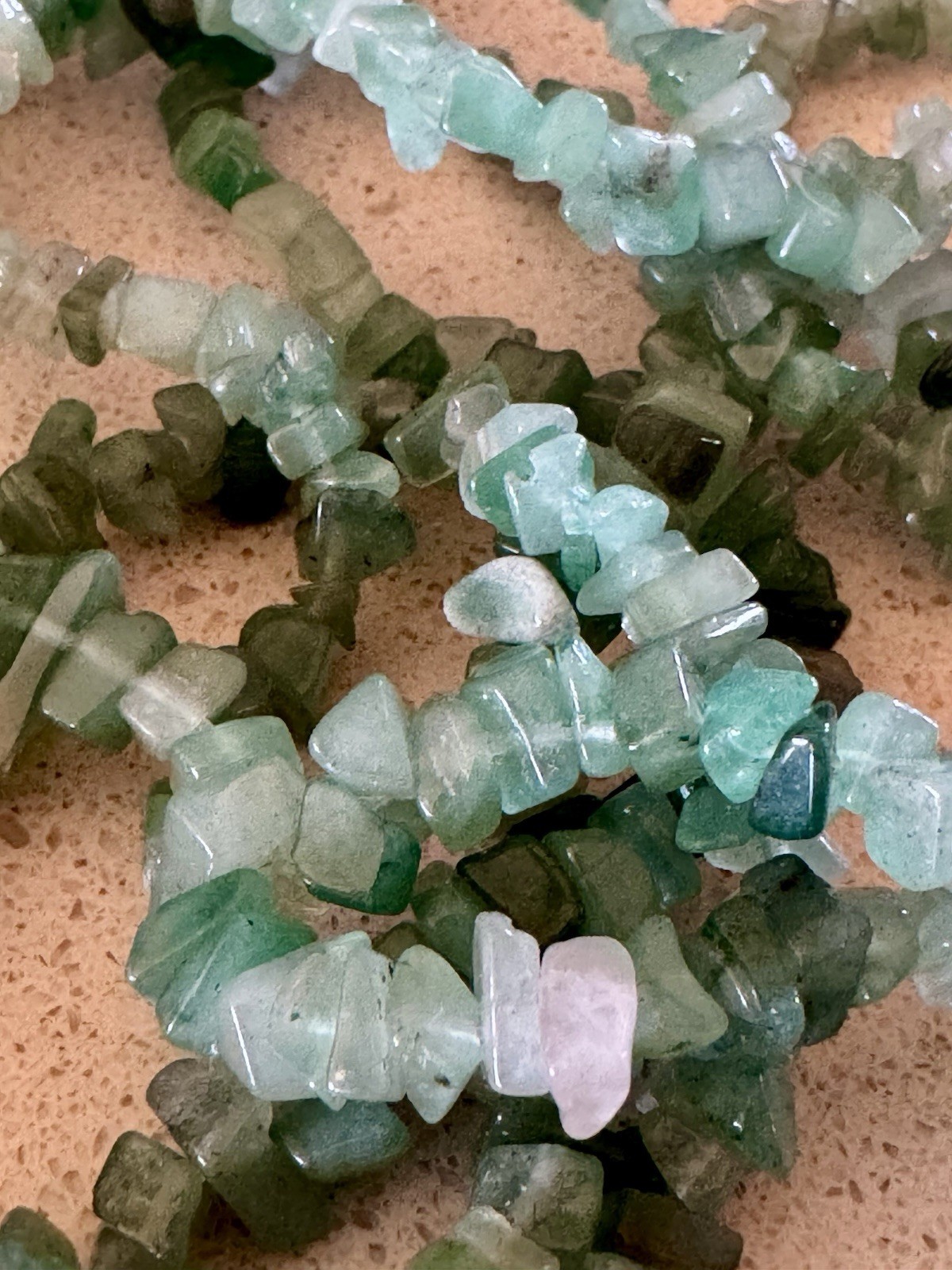 (2) Green Stone Chip Bead Long Strand Necklace 16 in. each~Bo-ho/hippie style
