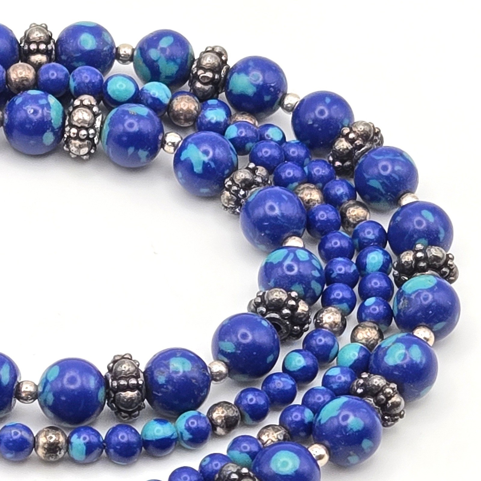Blue Azurite Malachite Composite Two Strand Beaded Necklace Silver Tone Toggle