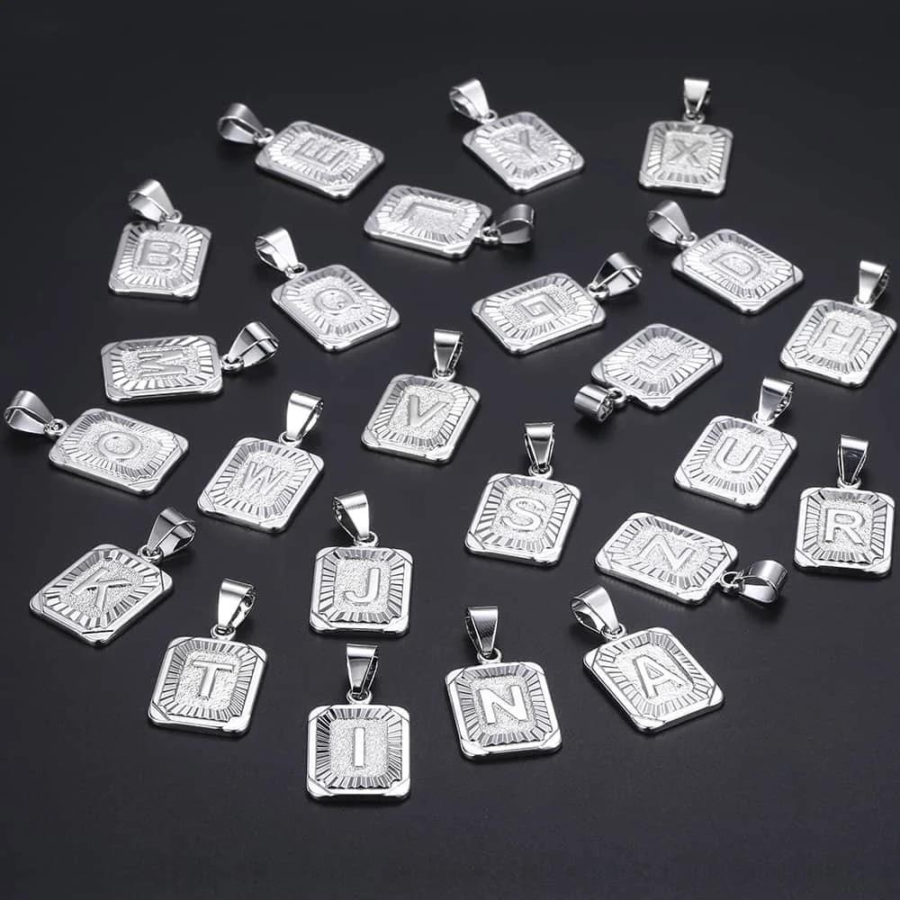 Stainless Steel Initial Necklace Square Name Letter A-Z Pendant W/Cuban Chain