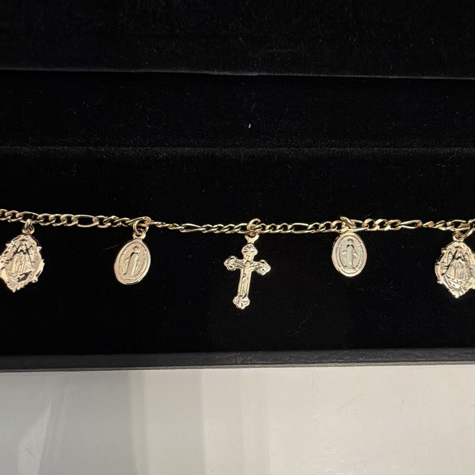 18kGold filledReligious Figaro Charm BABY Bracelet Cross & Medals, Signed, 6 in