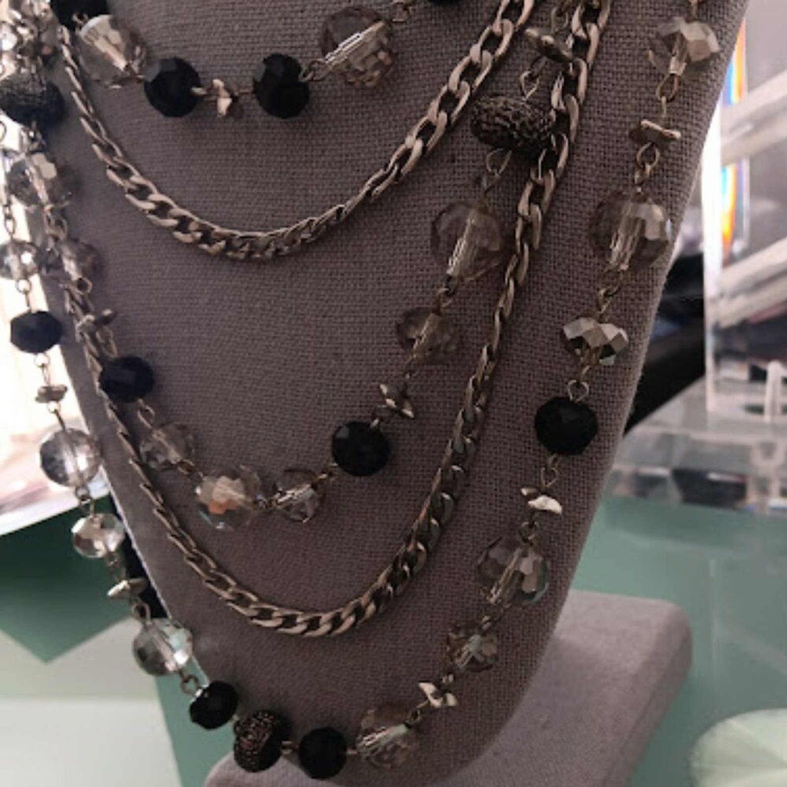 VERA WANG Rocker Chic Silver Black/Gray/Hematite Beads Chain Layered Necklace